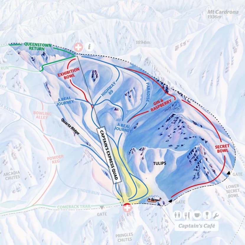 Trail Map for the Captains Basin of Cardrona Alpine Resort.