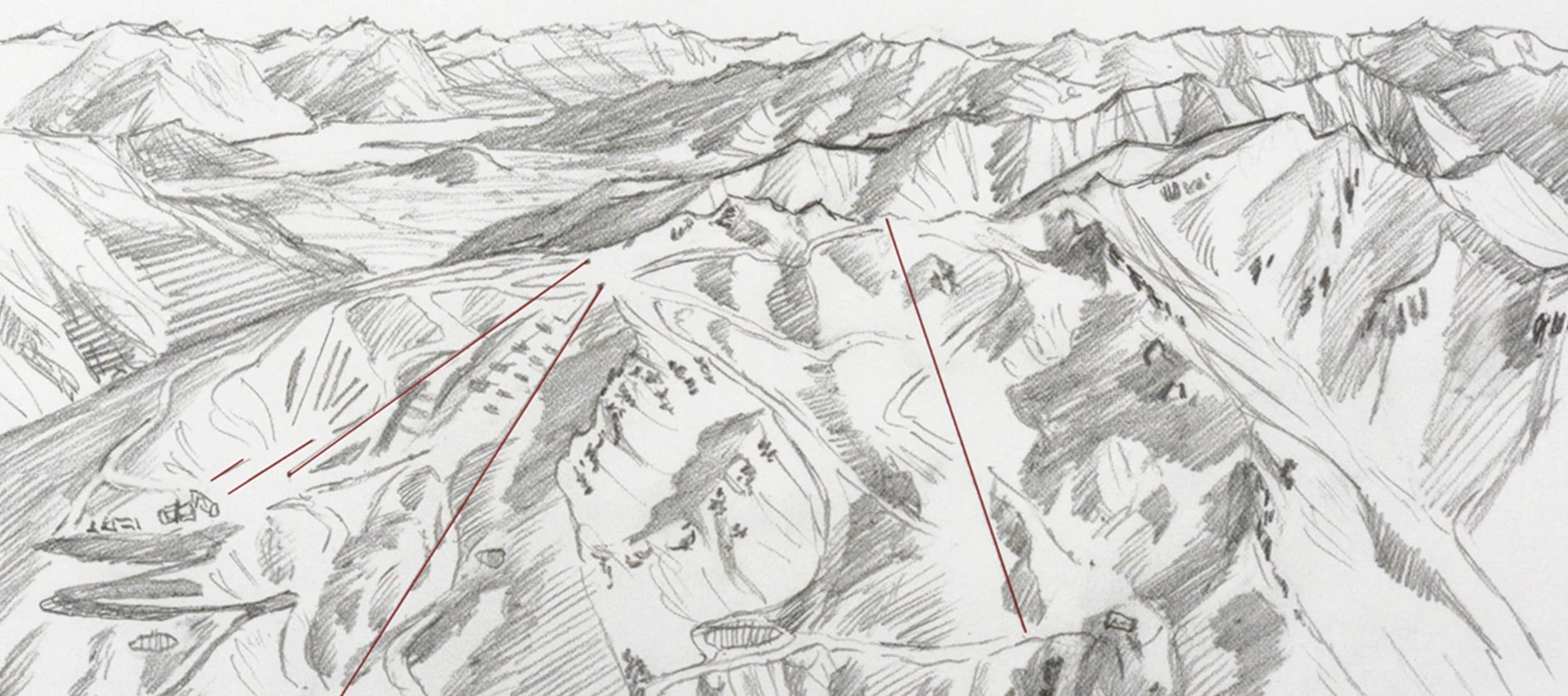 A sketch outline of ski mountain trails on a mountain.