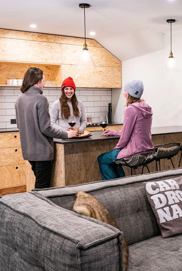 Three people gather around a modern kitchen counter in a cosy room and enjoy a glass of wine.