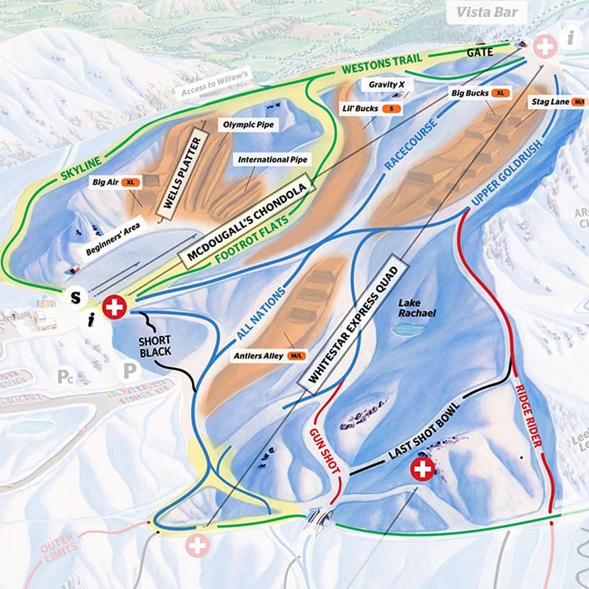 Trail Map for the Main Basin of Cardrona Alpine Resort.