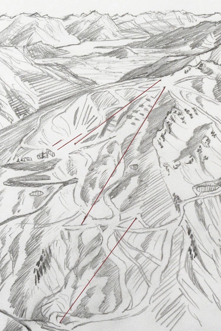 A sketch outline of ski mountain trails on a mountain.