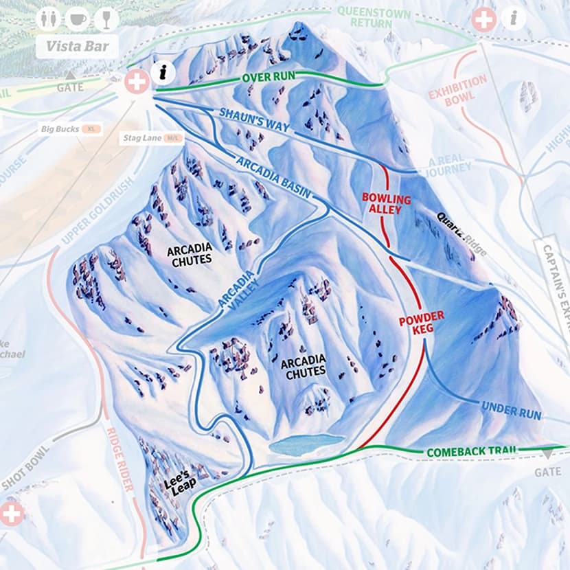 Trail Map for the Arcadia basin of Cardrona Alpine Resort.