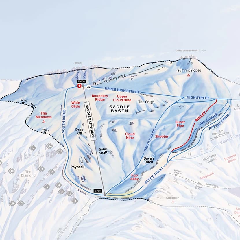 Trail Map for the Saddle basin of Treble Cone Ski Resort.