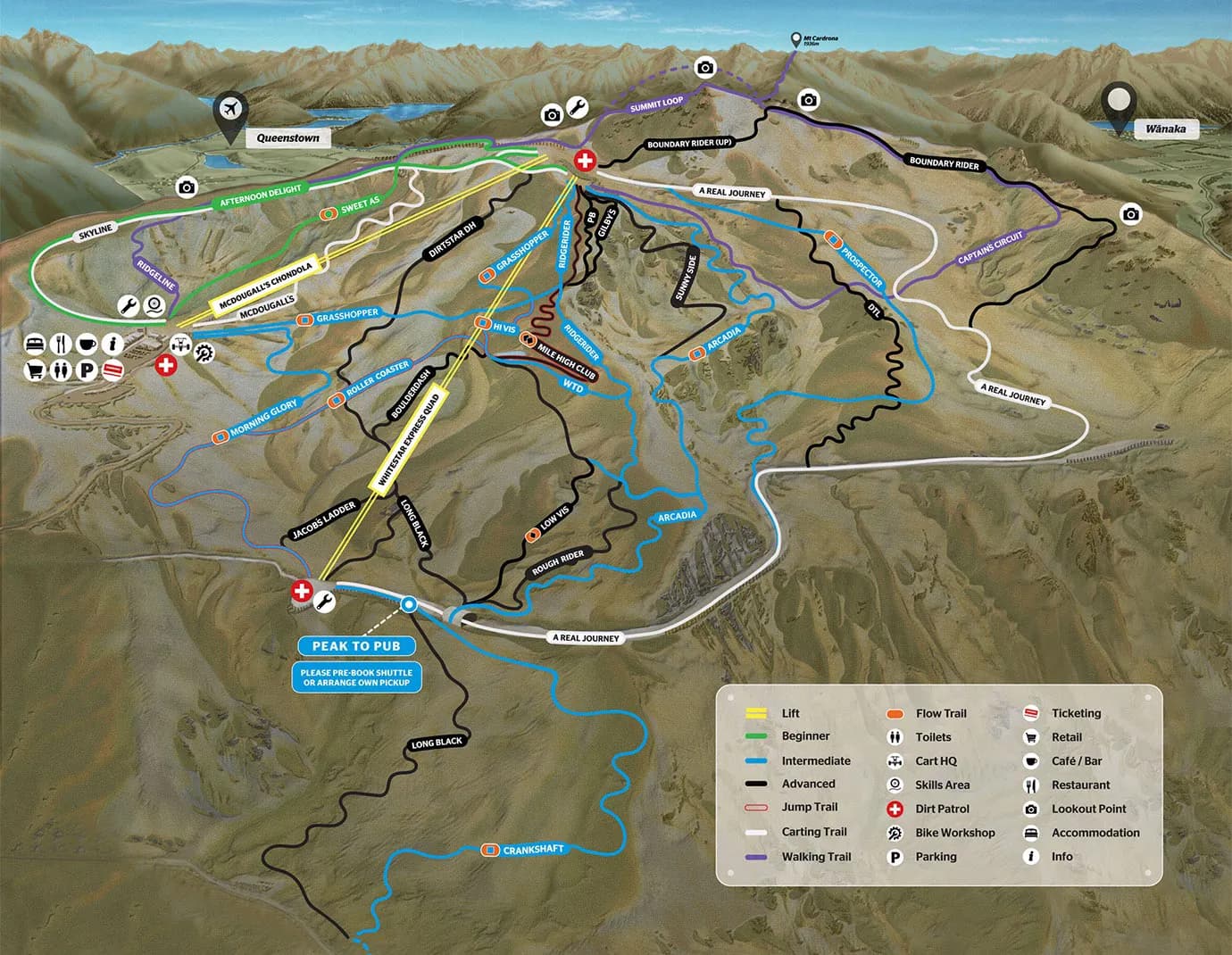 A detailed map of Cardrona Bike Park. It features various trails and zones, color-coded to indicate difficulty levels, along with special areas like jump trails and walking trails. Key facilities like lifts, ticketing, cafes, bike workshops, and restrooms are marked with icons. Additional pathways and points of interest like lookouts and accommodations are also shown. The map covers a region between two towns, with a lake visible in the upper left corner, highlighting routes and activities in a vibrant and visually informative layout.