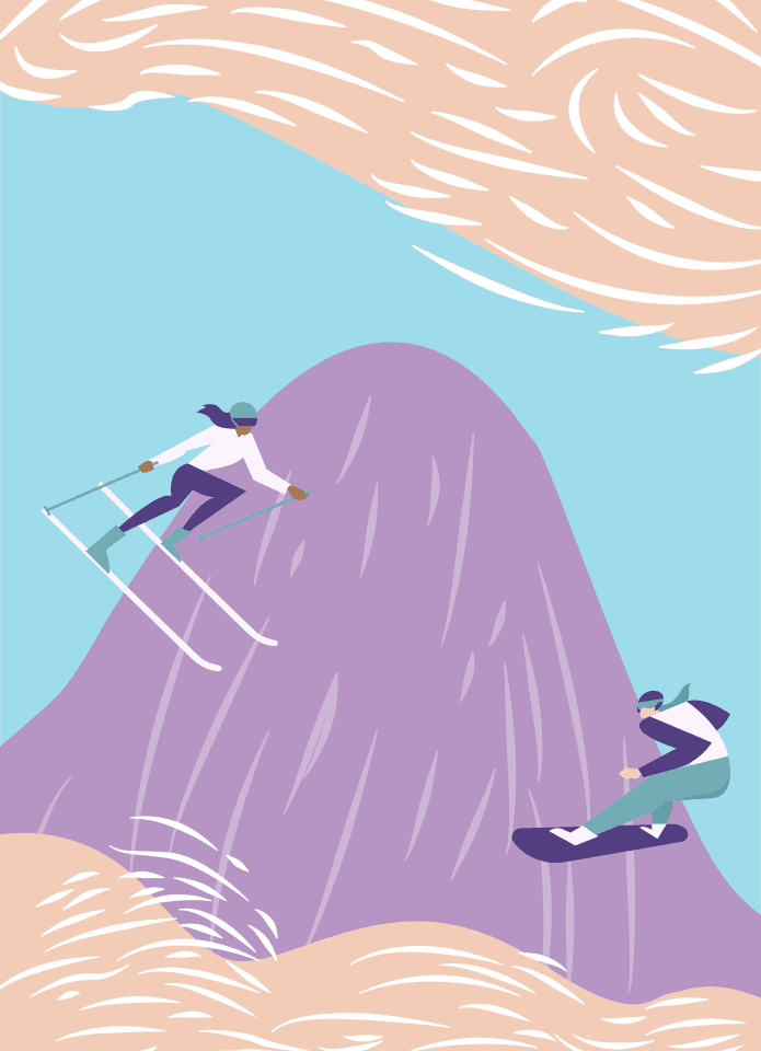 Graphic design of two people skiing on a purple mountain.