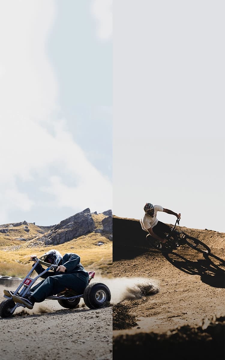Split image showcasing someone on a three wheeled mountain cart on one side and someone on a mountain bike on the other.