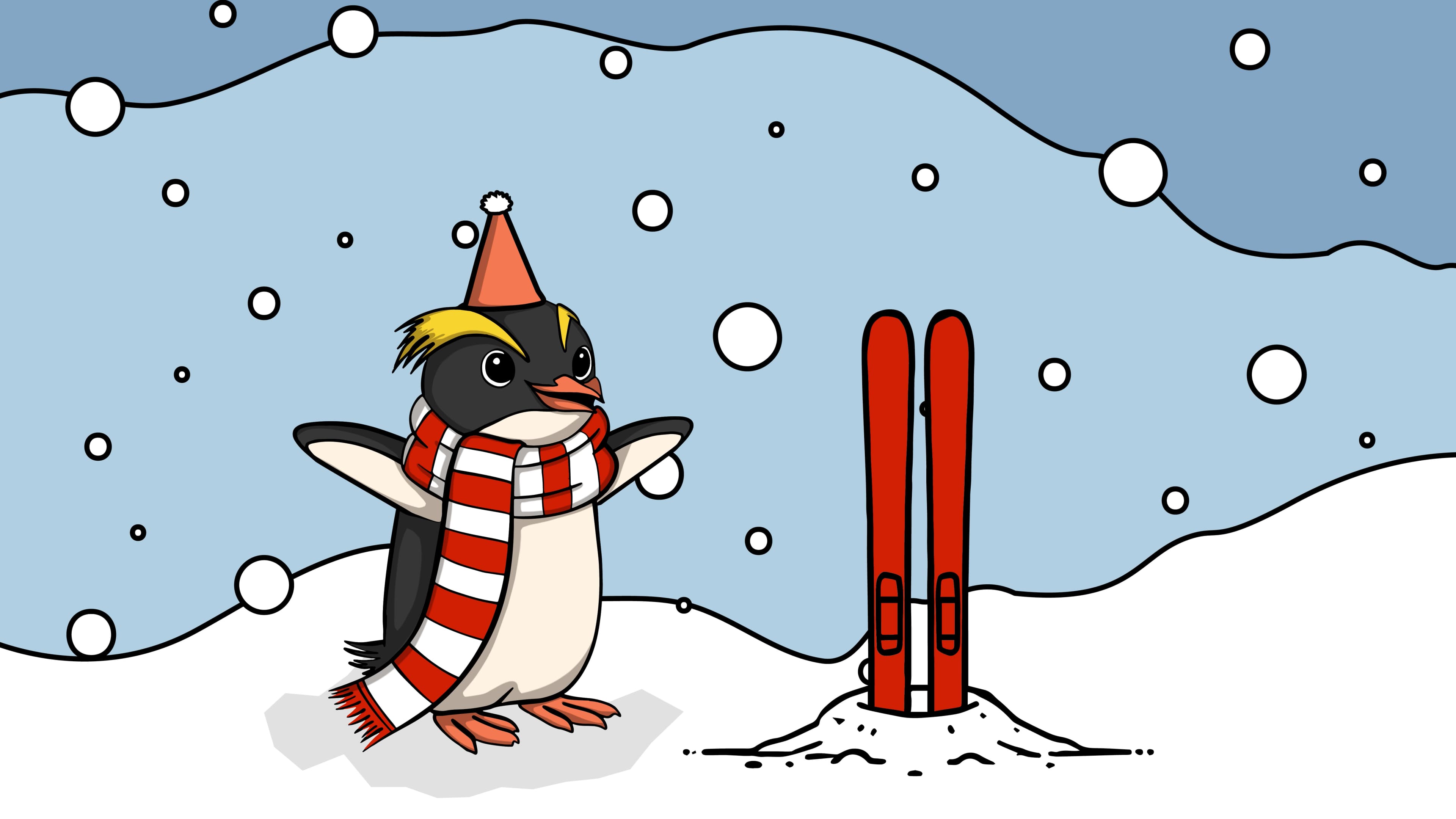 Animation of a penguin on a snowy mountain with skis and wearing a party hat.