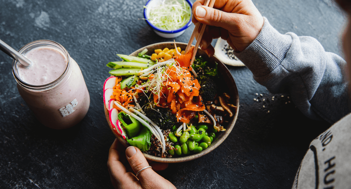 Poke bowl of freshly made noodles and vegetables.