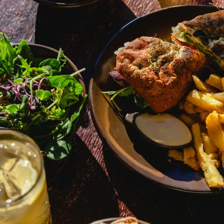 Toasted sandwich with fries, dipping sauce and a fresh green salad.