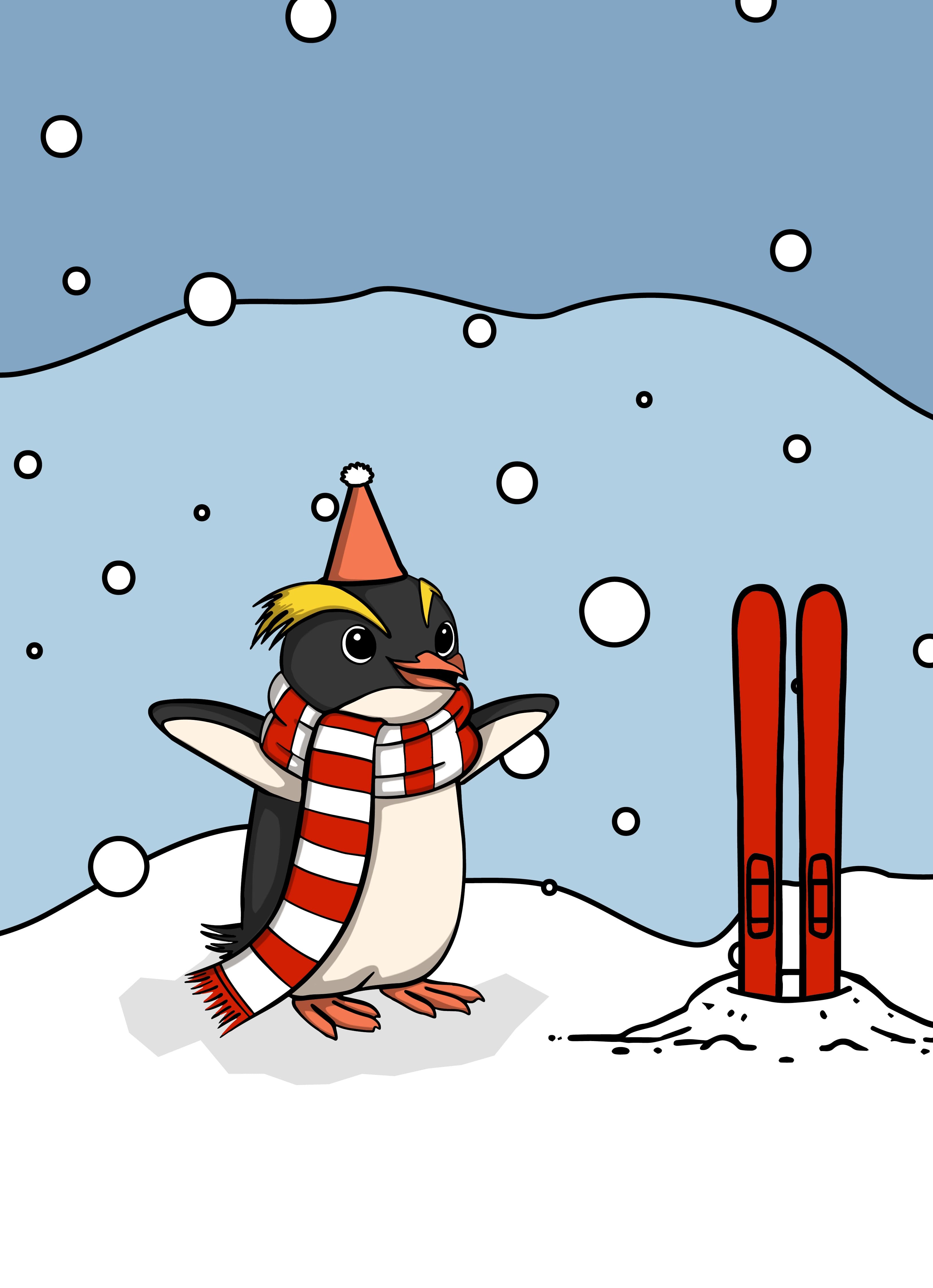 Animation of a penguin on a snowy mountain with skis and wearing a party hat.