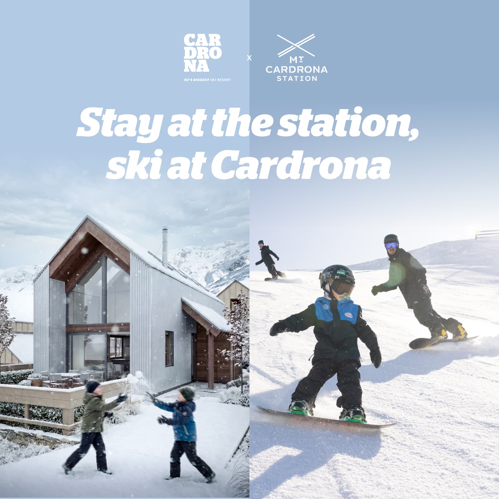 Mt Cardrona Station accommodation and snowboarders at Cardrona ski resort.
