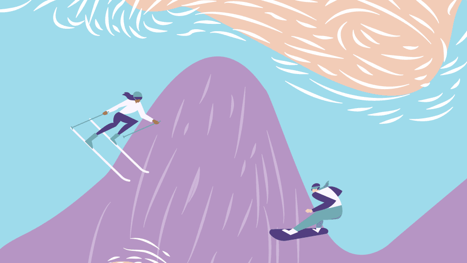 Graphic design of two people skiing on a purple mountain.