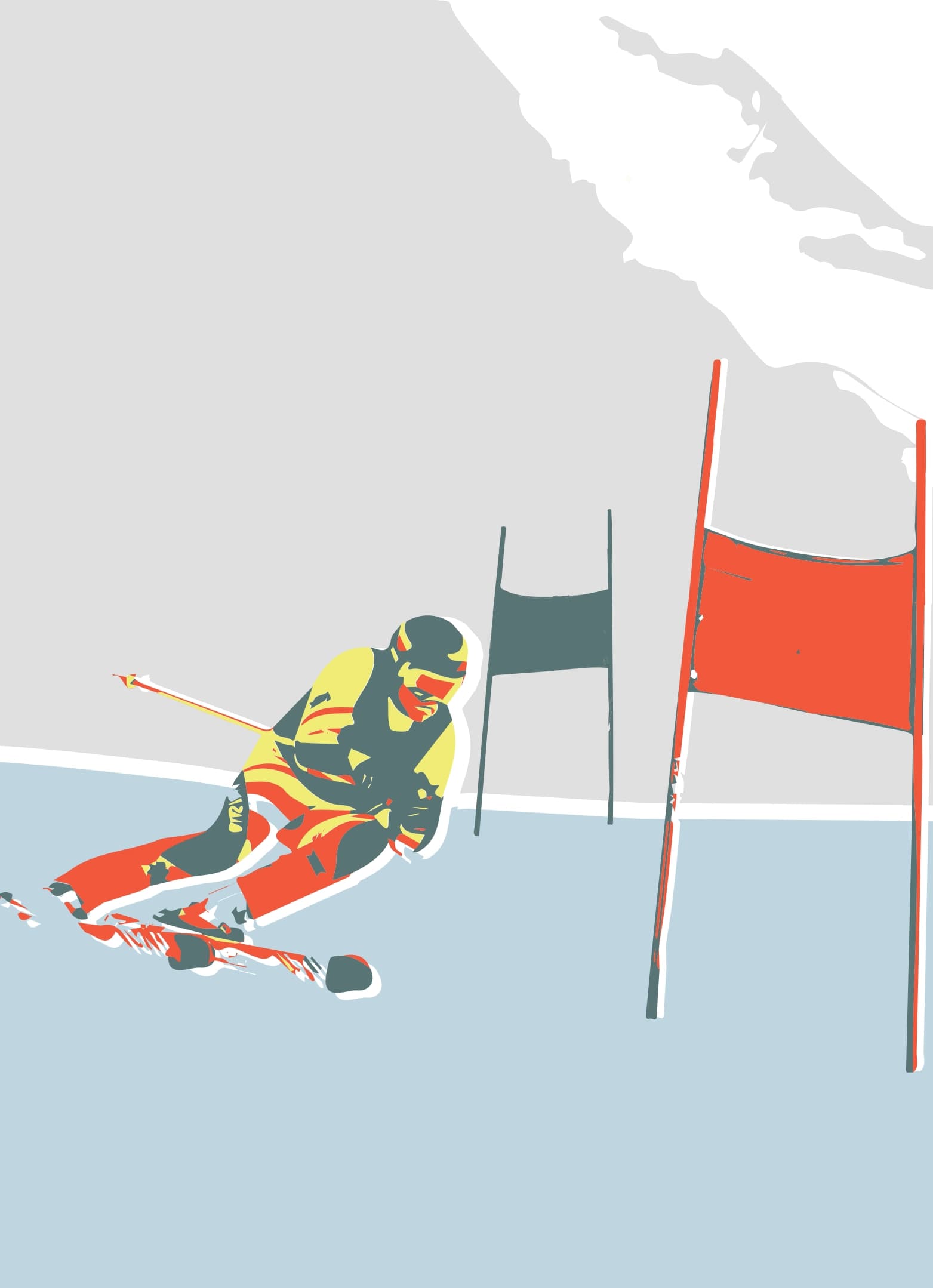 Stylised illustration of a ski racer navigating red and blue slalom gates.