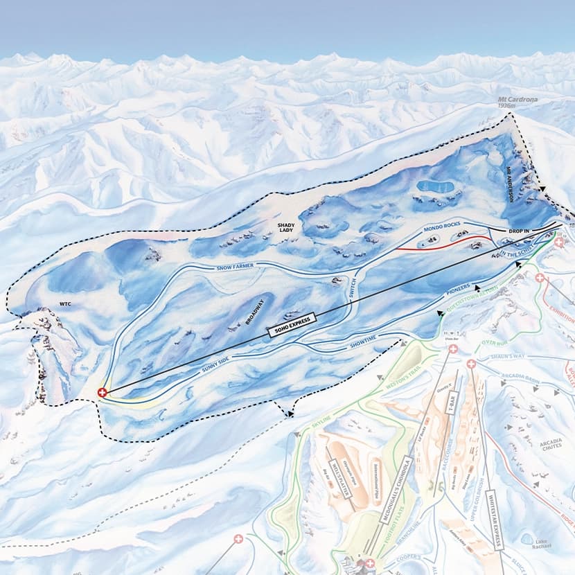 Map of Cardrona's new Soho Basin terrain coming 2025, showcasing 150ha of new trails with ski routes and lifts.