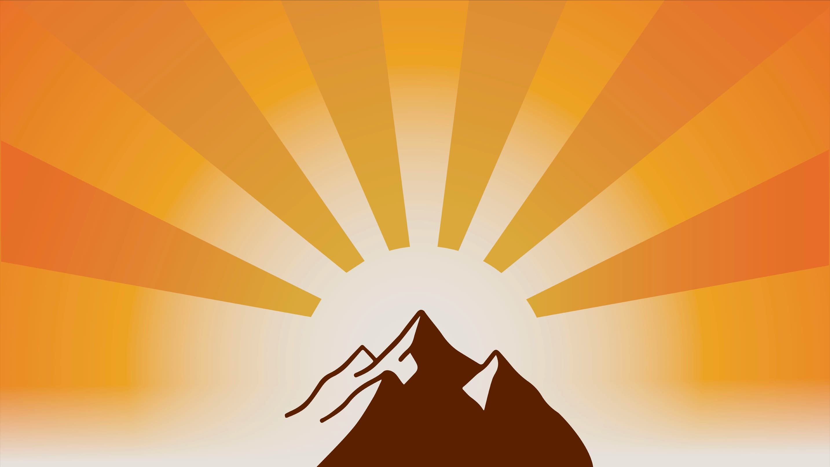 Graphic of a mountain silhouette with bold orange sun rays rising behind it.