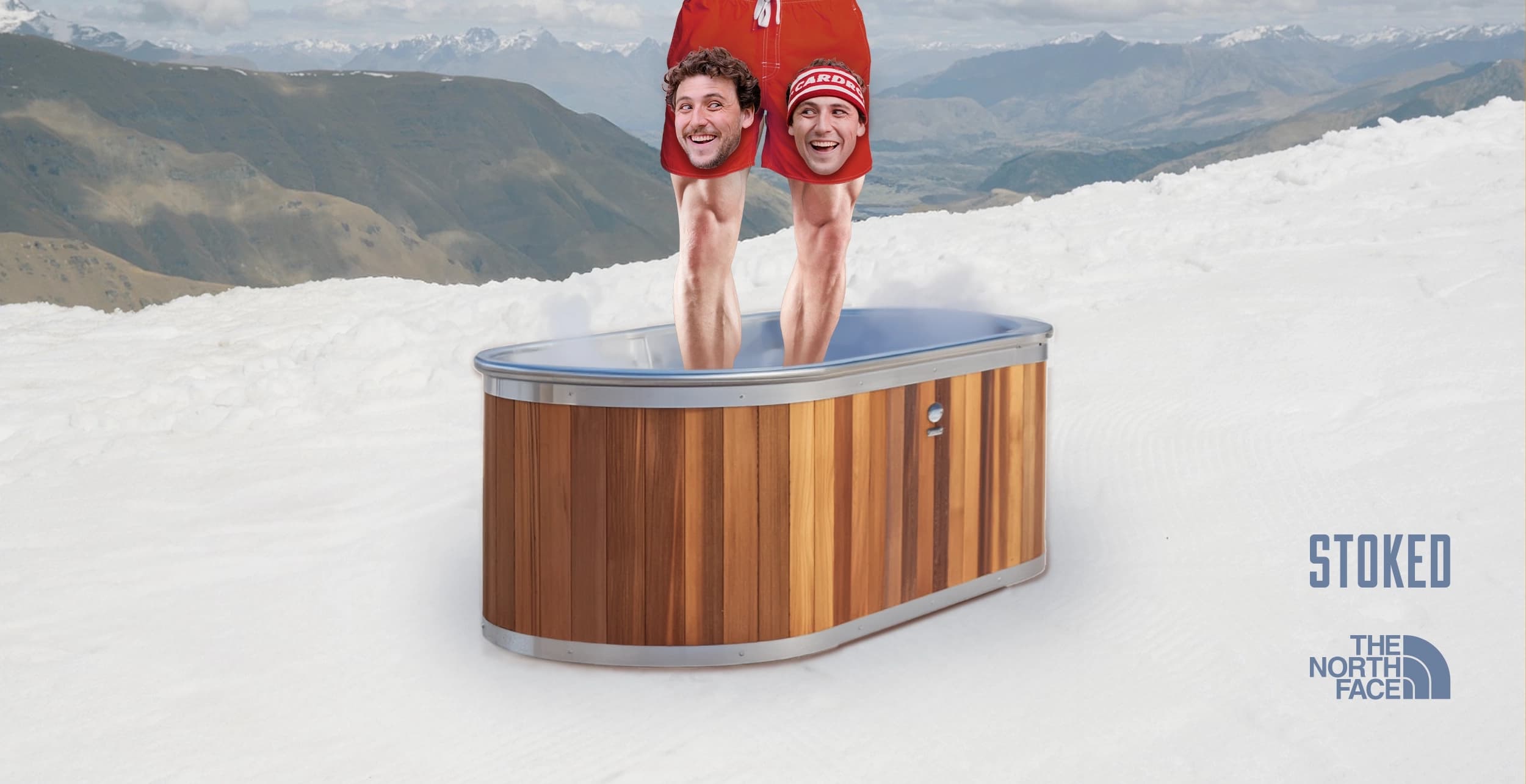 Animated image of a hot-tub outside no a snowy mountain with a pair of legs with superimposed smiling faces on top.