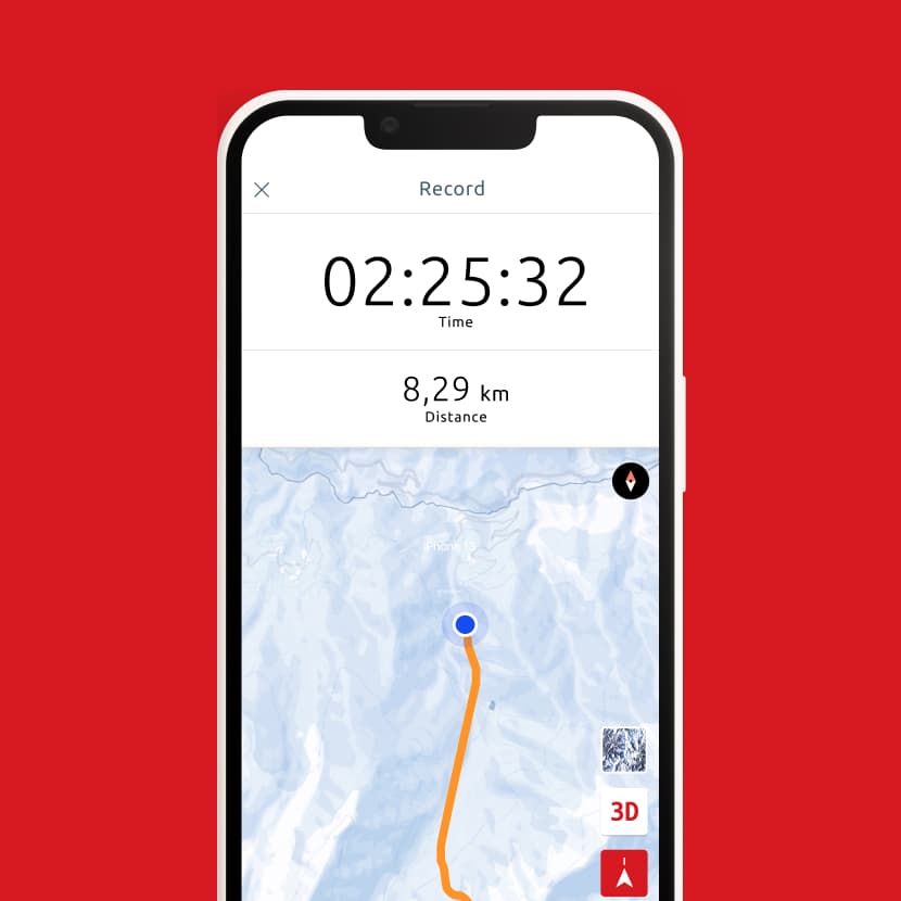 App screen showing a live run recording with elapsed time and distance tracked on an interactive slope map.