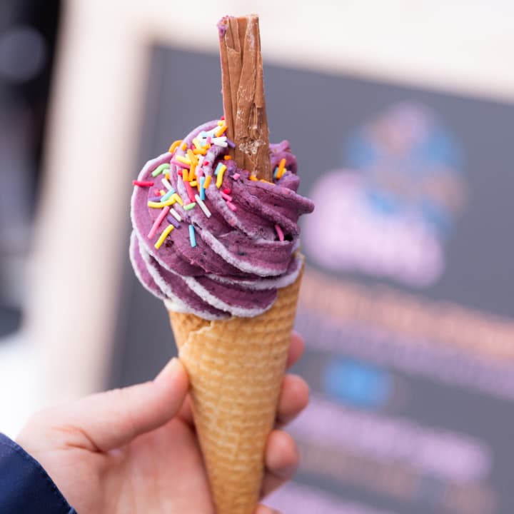 A hand holds a waffle cone topped with a swirl of purple soft-serve ice cream, rainbow sprinkles, and a chocolate flake.