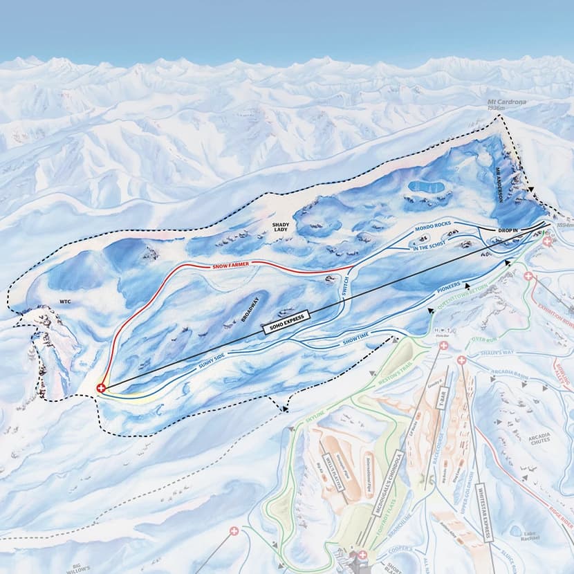 Map of Cardrona's new Soho Basin terrain coming 2025, showcasing 150ha of new trails with ski routes and lifts.