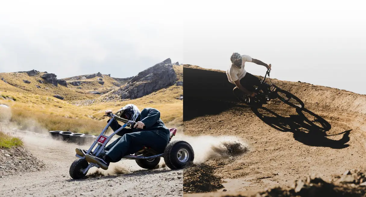 Split image of a showing a downhill mountain biker on one side and someone riding a mountain cart on the other.