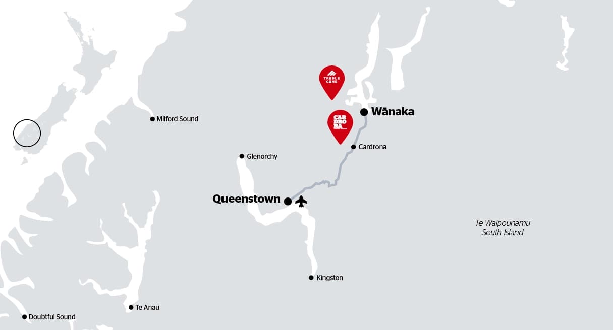 A simplified map of New Zealand’s South Island, highlighting key locations such as Queenstown, Wānaka, Glenorchy, Milford Sound, and Doubtful Sound. The ski resorts Treble Cone and Cardrona are marked with prominent red location pins near Wānaka, and Queenstown is shown with an airport icon.