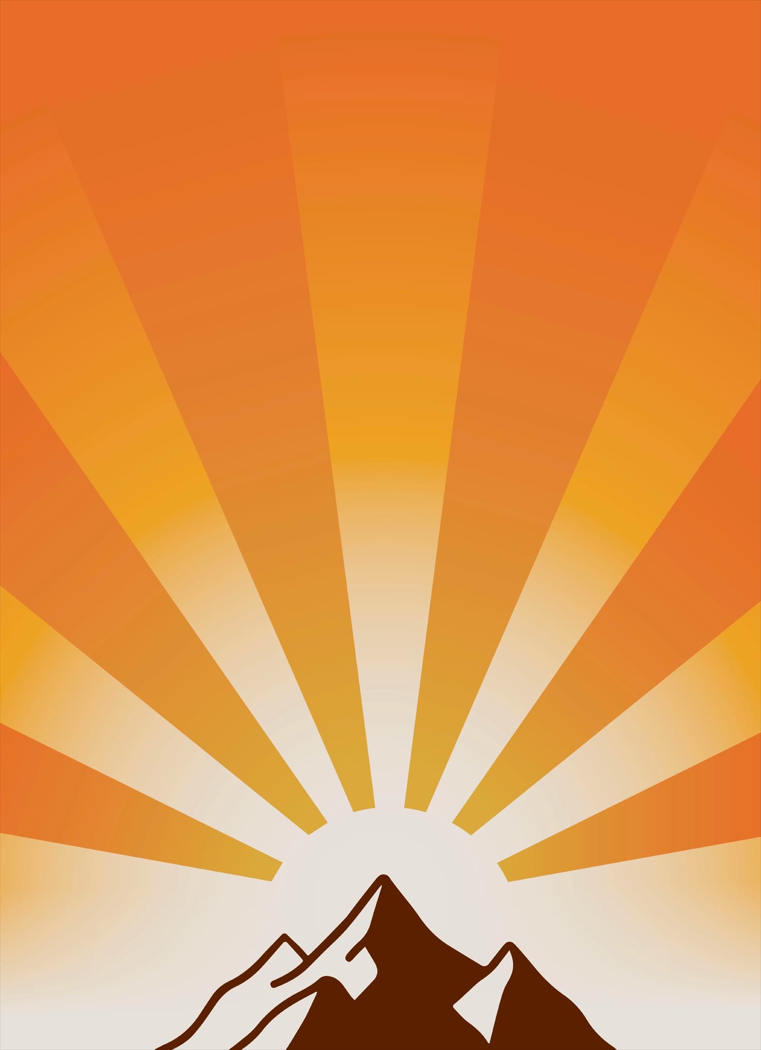 Graphic of a mountain silhouette with bold orange sun rays rising behind it.