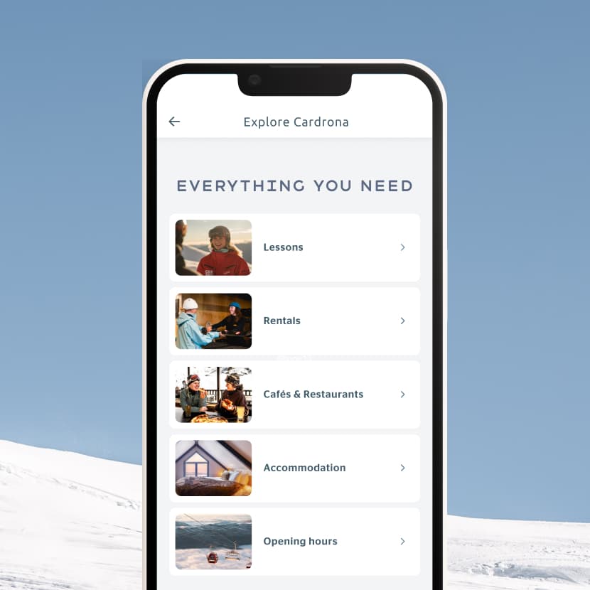 "Explore Cardrona" screen listing resort information including lessons, rentals, cafés, accommodation, and opening hours.