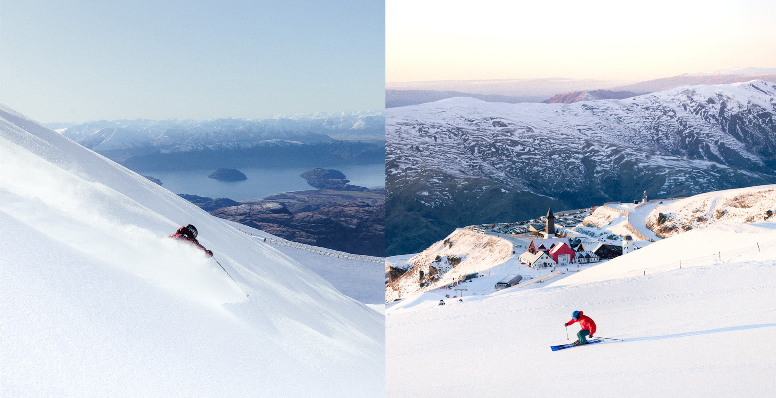 Skiers descend snowy alpine slopes overlooking a mountain lake and base area.