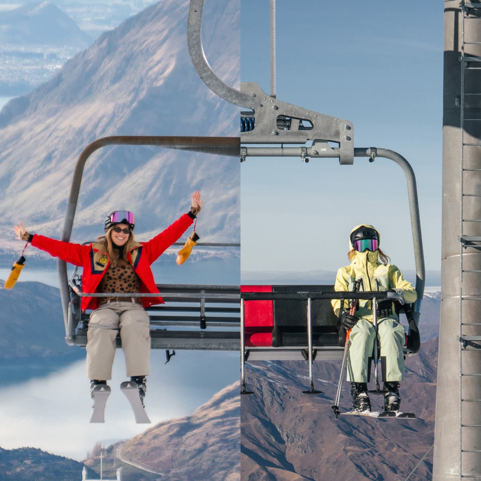 two skiers sit on a chairlift with a snowy mountain background.