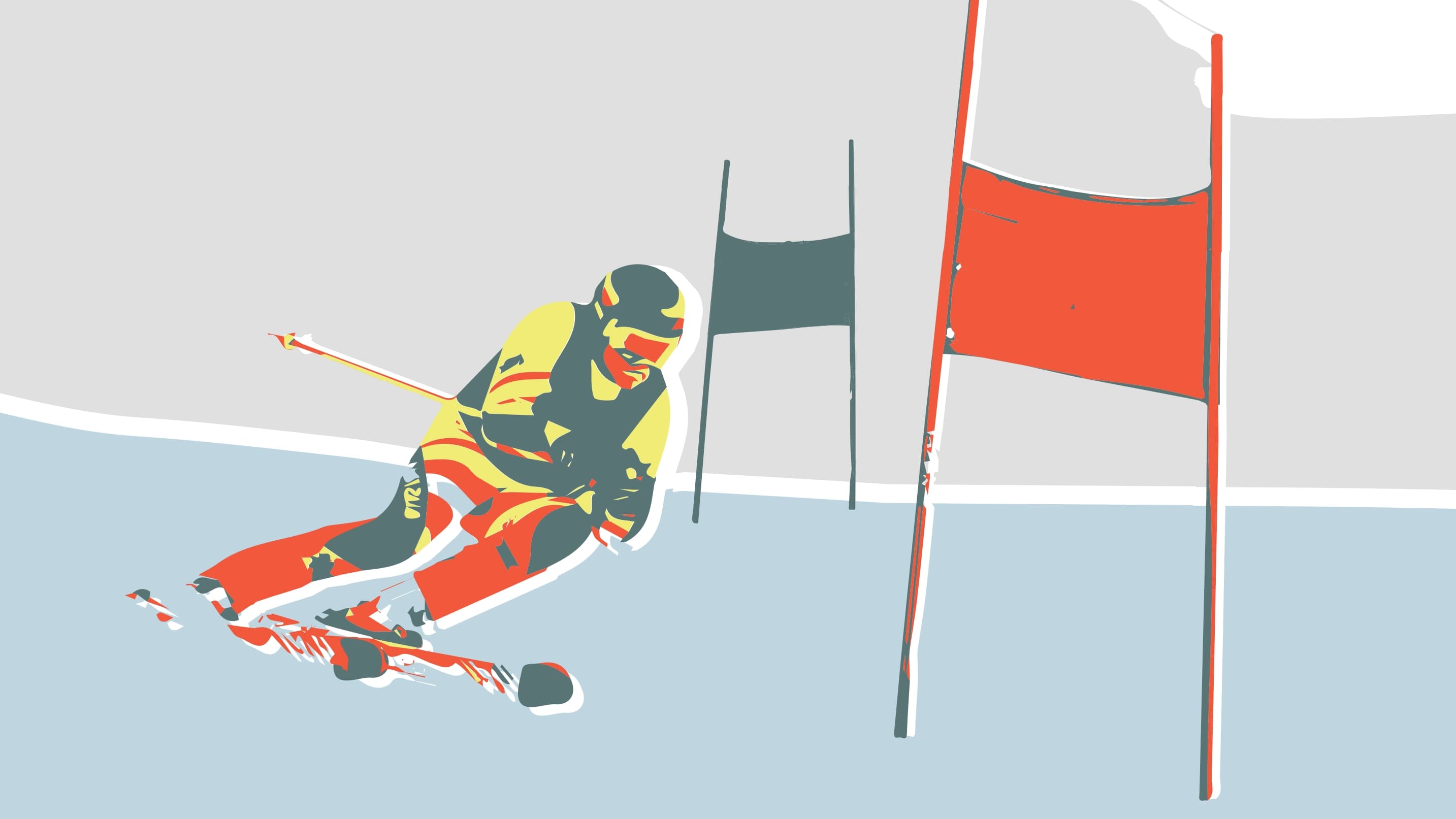 Stylised illustration of a ski racer navigating red and blue slalom gates.