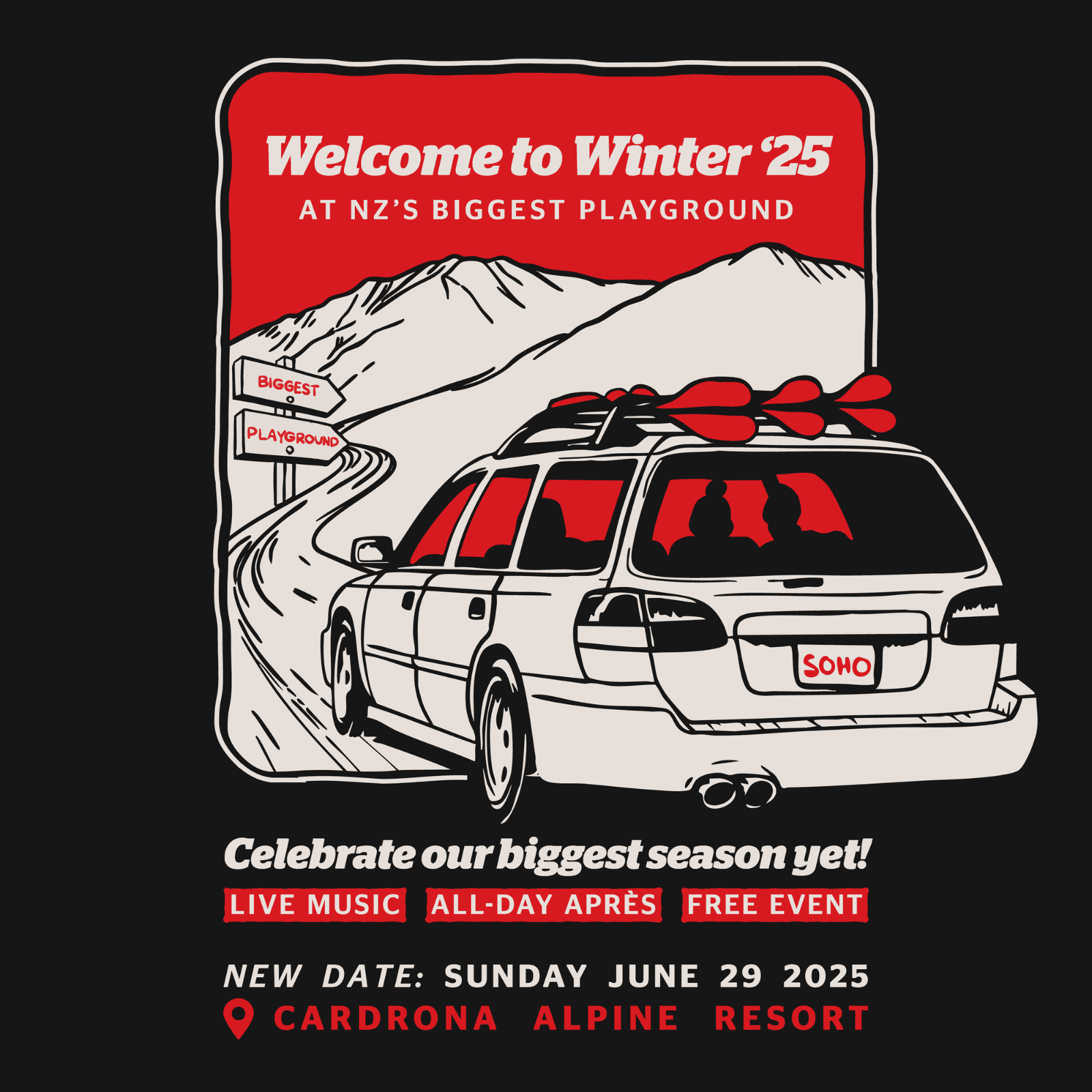 Poster for Welcome to Winter event at Cardrona Alpine Resort.