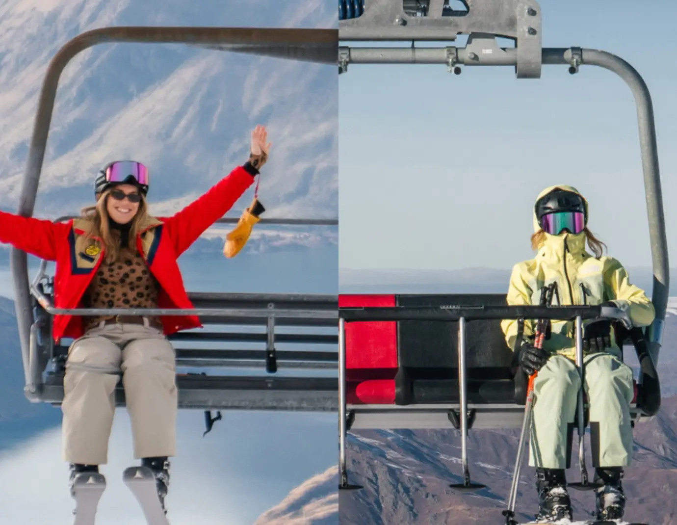 Two skiers take an excited ride on a ski chairlift on a sunny day on the mountain.