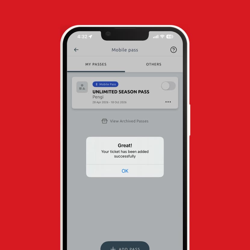 Mobile pass screen confirming an Unlimited Season Pass has been successfully added to the app.